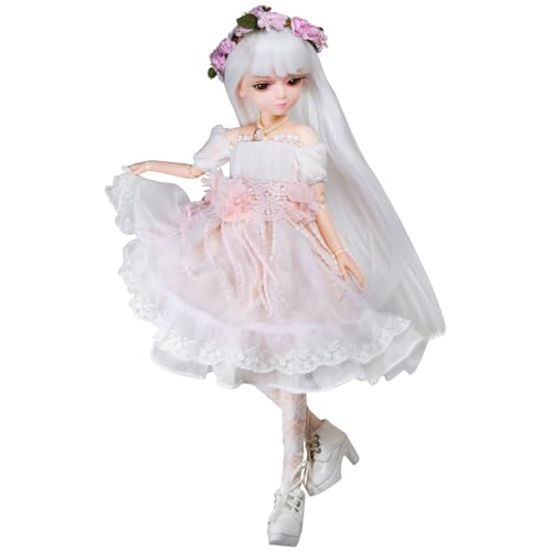 Proudoll 1/4 BJD-Puppe, 45 cm, Kugelgelenk, SD-Puppen, 23 bewegliche Gelenke, Actionfiguren, Kleid + Perücke + Girlande + Halskette + Blumenstrauß + Schuhe (Enliven) von Proudoll