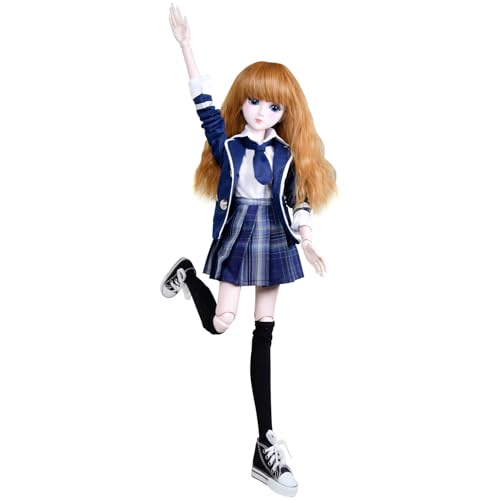 Proudoll 60 cm große BJD-Puppe – 20 Gelenkpunkte, japanisches Schuluniform-Outfit, weißes Hemd, marineblauer Blazer, karierter Rock, Turnschuhe – perfekt für Sammler & kreatives Spielen von Proudoll