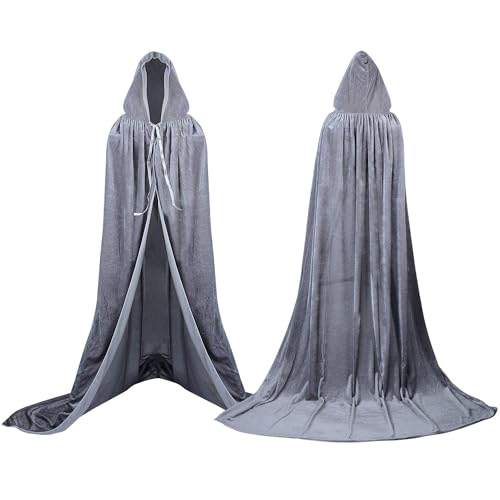 Labellevie Umhang mit Kapuze Lange SAMT Cape Vampir Kostüm Halloween Erwachsener Unisex- Gr. X-Large, Grau von Proumhang