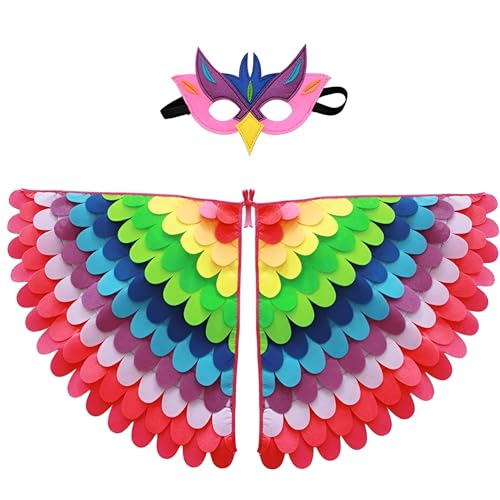 Proumhang 2 Stück Kinder Vogelflügel Kostüm für Alter von 3~8 Jahren,Vogeleule und Pfau Maske Eule verkleiden Sich,Jungen Mädchen Filzaugen Maske und Flügel Set,Halloween Buntes Kostüm,Stil 7 von Proumhang