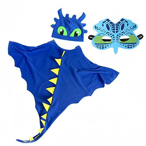 Proumhang 3 Stück Kinder Dinosaurier Umhang Kostüm Für Alter 3~8 Jahre, Dinosaurier Kostüm Cartoon Cosplay Umhang Set, Halloween Buntes Kostüm, Umhang + Gesichtsschutz + Hut Outfits,Juwel Blau von Proumhang