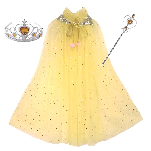 Proumhang 3pcs Prinzessin Kostüme Set,Bunte Umhang mit Zauberstab Krone,Prinzessin Fancy Dress Halloween Kostüm Sparkling Pailletten Tüll Karneval Geburtstag Party Cosplay für Mädchen Gelb M von Proumhang