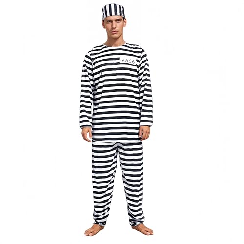 Proumhang Herren Sträflingskostüm | Gefängnis-Outfit für Erwachsene | Männer Verkleidung für Halloween & Rollenspiel | mit Hut, Oberteil & Hose M von Proumhang