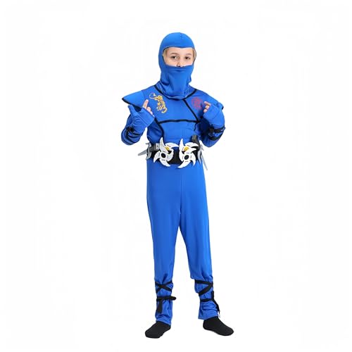 Proumhang Kinder Jungen Cosplay Kostüm Halloween Ninja Kostüm Muskel Anzug Samurai Ninja Performance Kostüme Blau L(130-140cm) von Proumhang
