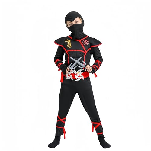Proumhang Kinder Jungen Cosplay Kostüm Halloween Ninja Kostüm Muskel Anzug Samurai Ninja Performance Kostüme Schwarz M(120-130cm) von Proumhang