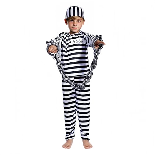 Proumhang Kinder Sträflingskostüm für Jungen | Gestreiftes Dieb Verkleidung für Weltbuchtag & Rollenspiel | Hut + Oberteil + Hose | Alter 4-6 Jahre von Proumhang