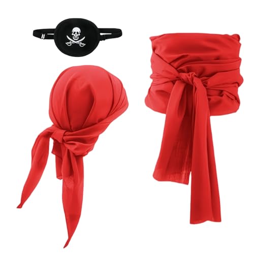 Proumhang Piraten Kostüm Zubehör Set Piraten Schärpe Gürtel Stirnband Taillengürtel Piratenkapitän Mittelalterliche Große Schärpe Kopftuch Bandanas mit Augenklappe für Halloween Kinder Erwachsene von Proumhang