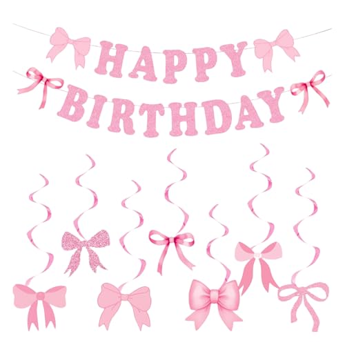 Rosa Schleife Geburtstag Party Dekorationen für Mädchen und Frauen, Kokette Geburtstag Banner und hängende Wirbel, niedliche rosa Schleife Party Dekor für Babyparty, Junggesellinnenabschied (Rosa) von Pryon