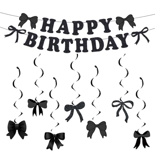 Schwarze Schleife Geburtstag Party Dekorationen für Mädchen und Frauen, Kokette Geburtstag Banner und hängende Wirbel, niedliche rosa Schleife Party Dekor für Babyparty, Junggesellinnenabschied von Pryon