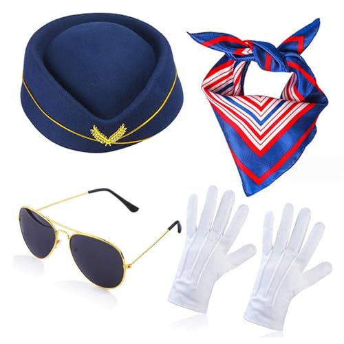 Psdndeww] Stewardess Hut Sonnenbrille Schal Halloween Kostüm Luftfahrt Gastgeberin für Teenager Cosplay Kostüm von Psdndeww