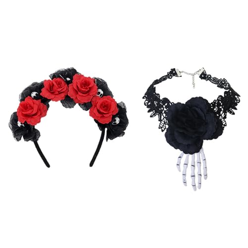 Psdndeww Tag der Toten Kostüm Zubehör Dias Des Los Muerto Damen Halloween Cosplay Blumenkronen Stirnband Tag der Toten Kostüm von Psdndeww