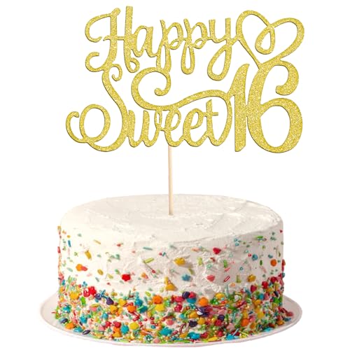 1 x goldener glitzernder Tortenaufsatz zum 16. Geburtstag, Happy Birthday Cake Topper Happy Birthday Kerzen Sweet 16 Kuchendekorationen zum 16. Geburtstag Jubiläum Party Dekorationen von Psyqtsuary