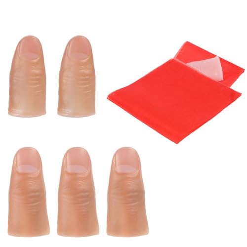 5 Stück Zauberdaumen Trick Magie Daumenspitze Zaubertrick Finger Weich Plastik Finger Zauber Zubehör Finger, Finger Zauber Requisiten und 1 Stück Rot Training Tuch für Zauberartikel Party von Psyqtsuary
