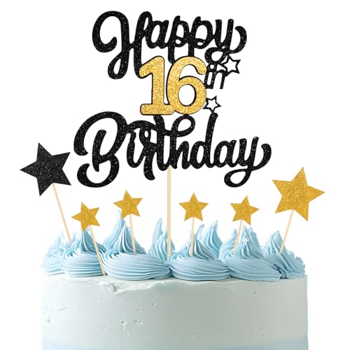 Tortenaufsatz "Happy 16th Birthday" zum 16. Geburtstag, Tortenaufsatz, Schwarz / Gold, Glitzer, Prost bis 16 Jahre, Kuchenaufsatz für Geburtstagsparty Tortenaufsatz "Happy 16th Birthday" zum 16. Geburtstag, Tortenaufsatz, Schwarz / Gold, Glitzer, Prost bis 16 Jahre, Kuchenaufsatz für Geburtstagsparty von Psyqtsuary