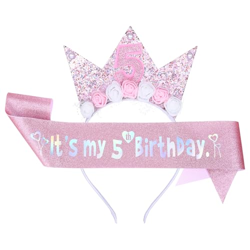 Ptwola 2 Stück Geburtstag Kronen Mädchen Stirnband Glitzer Tiara Krone mit Rose Blumen Stirnband Happy Birthday Partyhut für 5 Jahre altes Kinder Geburtstag Geschenk Partyzubehör Prinzessin Party von Ptwola