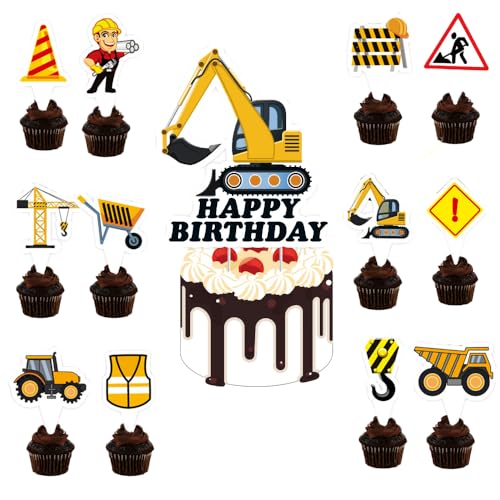 Geburtstag Tortendeko Maschinenfahrzeug Cupcake Toppers, Dekorationen Kuchendeko Baustelle, Happy Birthday Tortendeko Kuchen Deko Set,Cupcake Toppers für Kinder Party Geburtstag (Engineering vehicle) von Ptydecta