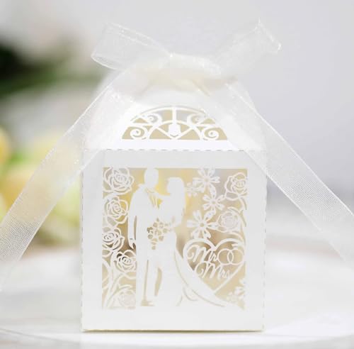 50/100/200 Stück Geschenkboxen for Hochzeit, Bräutigam und Braut, Bänder, Party-Süßigkeiten-Verpackungsbox (Farbe: 1, Größe: 50 Stück_5 x 5 x 8 cm (mit Etiketten)) ((Farbe: 6, S (Farbe: 108, Größe: 50 von PuLAif