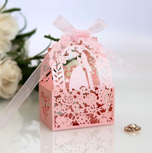 For Hochzeitsfeier-Dekoration, Süßigkeiten-Aufbewahrungsbox mit Bändern (Farbe: Blau, Größe: 50 Stück_4 x 4 x 7 cm) (Farbe: Weiß, Größe: 50 Stück-4 x 4 x 7 cm) (Farbe: Blau (Größe: Rosa) von PULaif