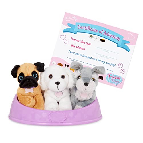 Pucci Pups 3 Kuscheltier Hunde Mops, Malteser und Schnauzer im Hundebett mit Zubehör – Plüschtier Welpen Set Adopt-a-Pup – Spielzeug für Kinder ab 2 Jahre von Pucci Pups