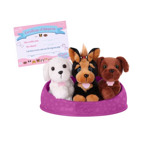 Pucci Pups 3 Kuscheltier Hunde Bichon Frise, Yorkshire Terrier und Labrador im Hundebett mit Zubehör – Plüschtier Welpen Set Adopt-a-Pup – Spielzeug für Kinder ab 2 Jahre von Pucci Pups