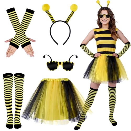 Puddry Bienen Kostüm Damen, Süßes Bienenkostüm Erwachsene, Faschingskostüme Mit Antenne Stirnband, Karneval Tüllrock, Gestreifte Kniehohe Socken, Langen Handschuhe, Bienenbrille von Puddry