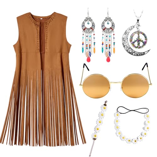 Puddry 60er 70er Jahre Hippie Kostüm Set - Fransenweste, Accessoires, Kleidung, Bekleidung für Damen - Disco Outfit für Karneval und Fasching von Puddry