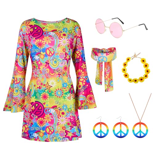 Puddry Hippie Kleid Damen, 70er Jahre Kostüm Damen, Hippie Kostüm Damen Set für Karneval, Hippie Accessoires mit Hippie Brille, Peace Halskette, Ohrringe, Stirnband, 60er 70er Jahre Bekleidung Damen Puddry Hippie Kleid Damen, 70er Jahre Kostüm Damen, Hippie Kostüm Damen Set für Karneval, Hippie Accessoires mit Hippie Brille, Peace Halskette, Ohrringe, Stirnband, 60er 70er Jahre Bekleidung Damen von Puddry