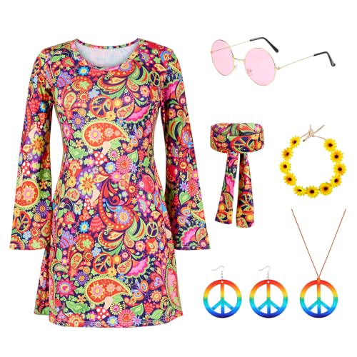 Puddry Hippie Kleid, 70er Jahre Kostüm Damen Set für Karneval Mit Brille, Peace Halskette, Ohrringe, Stirnband - 60er 70er Jahre Bekleidung Puddry Hippie Kleid, 70er Jahre Kostüm Damen Set für Karneval Mit Brille, Peace Halskette, Ohrringe, Stirnband - 60er 70er Jahre Bekleidung von Puddry