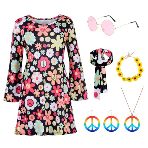 Puddry Hippie Kleid Damen, 70er Jahre Kostüm Damen, Hippie Kostüm Damen Set für Karneval, Hippie Accessoires mit Hippie Brille, Peace Halskette, Ohrringe, Stirnband, 60er 70er Jahre Bekleidung Damen Puddry Hippie Kleid Damen, 70er Jahre Kostüm Damen, Hippie Kostüm Damen Set für Karneval, Hippie Accessoires mit Hippie Brille, Peace Halskette, Ohrringe, Stirnband, 60er 70er Jahre Bekleidung Damen von Puddry