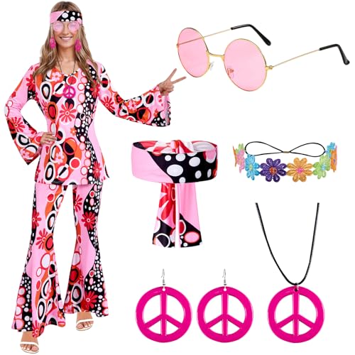 Puddry Hippie Kostüm, 60er 70er Jahre Outfit, Rose Kleidung Hose Accessoires Mit Peace Halskette Ohrringe Stirnband, Karneval Kostüm Damen von Puddry