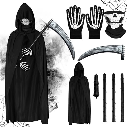 Puddry Sensenmann Kostüm Kinder Herren, Erwachsene Halloween Kostüm Sensenmann Schwarzer Umhang mit Kapuze Sense Skelett Maske Handschuhe, Cosplay Halloween Kostüm Kinder Jungen für Halloween Party Puddry Sensenmann Kostüm Kinder Herren, Erwachsene Halloween Kostüm Sensenmann Schwarzer Umhang mit Kapuze Sense Skelett Maske Handschuhe, Cosplay Halloween Kostüm Kinder Jungen für Halloween Party von Puddry