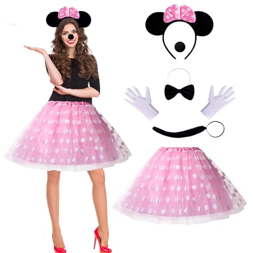 Puddry Minnie Mouse Kostüm, Mini Maus Karneval Fasching Tutu Tüllrock Set Mit Micky Maus Ohren, Handschuhe, Nase, Krawatten, Schwanz - Perfekt für Damen Halloween Cosplay von Puddry