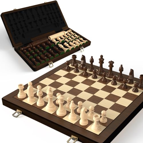 38 cm Holz Klapp-Schach- und Dame-Set, 2-in-1 Brettspiel, 7,6 cm König Staunton Figuren, 2 zusätzliche Damen (Vintage) von Puecrof