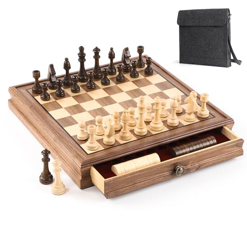 Magnetisches Schach- und Damespiel aus Walnussholz – 2-in-1 Brettspiel mit Aufbewahrungsschublade, 2 Extra-Damenfiguren, 24 Damespielsteine – Holz-Schachspiel für Kinder & Erwachsene Magnetisches Schach- und Damespiel aus Walnussholz – 2-in-1 Brettspiel mit Aufbewahrungsschublade, 2 Extra-Damenfiguren, 24 Damespielsteine – Holz-Schachspiel für Kinder & Erwachsene von Puecrof