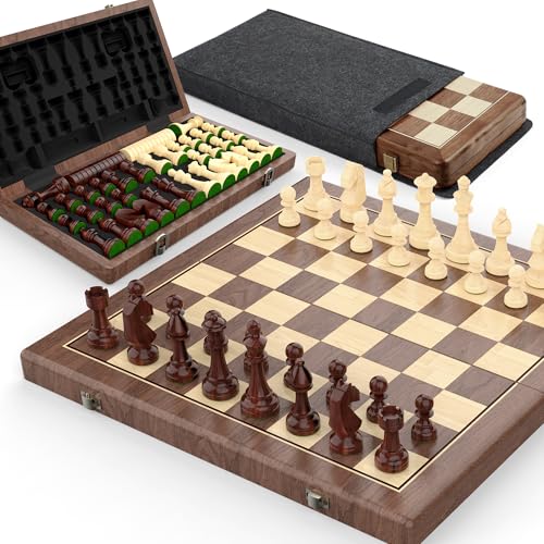 Premium 38 cm Walnuss Magnetisches Schach- und Dame-Set – 2-in-1 Faltbares Holzbrettspiel mit Staunton Figuren, 2 Extra Damen, Spielsteinen und Staubschutzbeutel (Black) von Puecrof