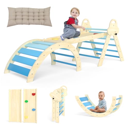 Puecrof 7-in-1 Montessori Kletterdreieck mit Kissen – Holz Kletterspielzeug für Kleinkinder 1-3 Jahre – Indoor Kletterbogen mit Rutsche, Leiter & Spielbogen (Blue) von Puecrof