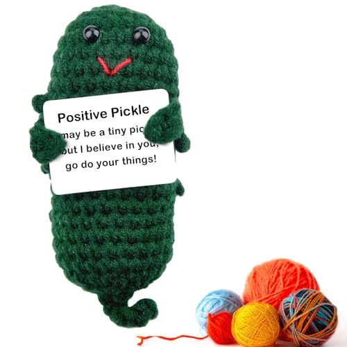 Positive Gurke, Lustige Positive Pickle Puppe mit Positiver Energiekarte, Inspirational Gurke Pocket Hug Handmade Strickwolle Gurke Puppe Geschenke für Freunde, 10,5cm von Puedno