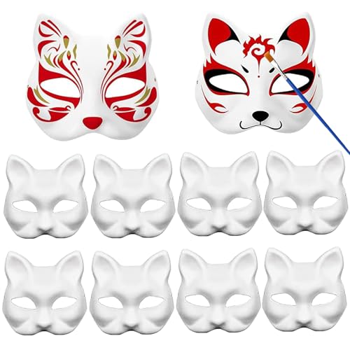 Pummny 10 Stück Katzenmasken zum Bemalen, Therian Masken, DIY Weiße Katzenmasken für Halloween, Cosplay, Karneval, Maskerade, Geburtstage, Modenschauen – Kreativ und Wiederverwendbar von Pummny