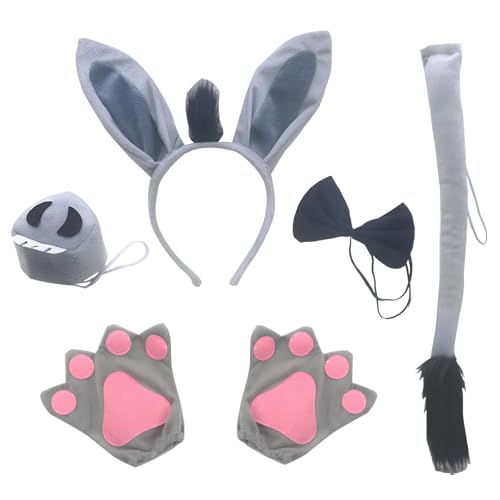 Pummny 6 Stücke Tier Verkleidung Set, Tier Cosplay Party Stirnband, Tierisches Stirnband, Esel Kostüm Zubehör Set, Tierkostüm Set, mit Fliege Schwanz Handschuhe, für Halloween-Themenparty, Geburtstag von Pummny