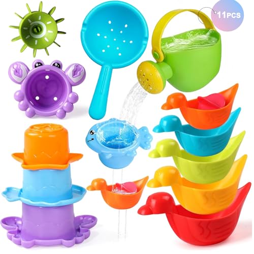 Badespielzeug Baby ab 1 Jahr 11-Stück mit Drehwasserrad – Schimmelfreies Badewannenspielzeug ab 1-5 Jahre für Planschbecken, Pool & Wasserspielzeug Kinder (Zufällige Farben) von PungKhoi