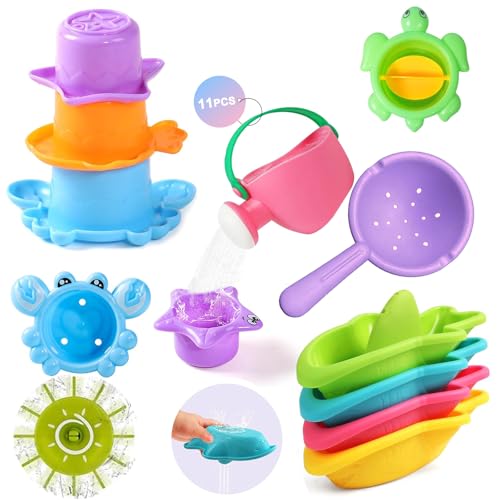 Badewannenspielzeug Badespielzeug Baby ，11-Stück Schimmelfreies Badespielzeug Set mit Stapelbechern & Gießkanne | Wasserspielzeug für Badewanne, Pool, Garten | BPA-Frei & Sicher (Farben zufällig) von PungKhoi