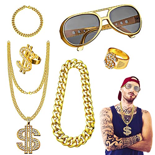 Punvot Hip Hop Kostüm Set, 5 Stück 80er Jahre Outfit Herren Gangster Schmuck 80/90er Rapper Zubehör Dollarzeichen Goldkette Sonnenbrille Goldring Hippie Costume Set 2024 Karneval Kostüm Herren Punvot Hip Hop Kostüm Set, 5 Stück 80er Jahre Outfit Herren Gangster Schmuck 80/90er Rapper Zubehör Dollarzeichen Goldkette Sonnenbrille Goldring Hippie Costume Set 2024 Karneval Kostüm Herren von Punvot