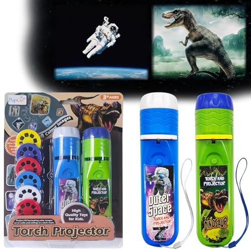 Pup Go 2er-Pack Dinosaurier & Weltraum Taschenlampe mit Projektor, 6 Disks und 48 Bildern, Dinosaurier Spielzeug für Jungen, Pädagogische Wissenschafts-Kits für Kinder von 3 4 5 6 7 Jahren von Pup Go