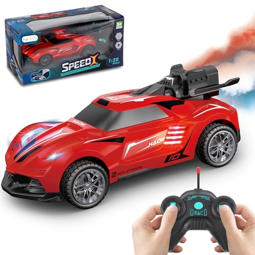 Pup Go Ferngesteuertes Auto Spielzeug mit Realistisch Schwanzspray und Licht für Kinder 3 4 5 6 Jahre, 1:20 RC Stunt Auto Robust Schnell Drift Aufladbar, Jungen Mädchen, Rot von Pup Go