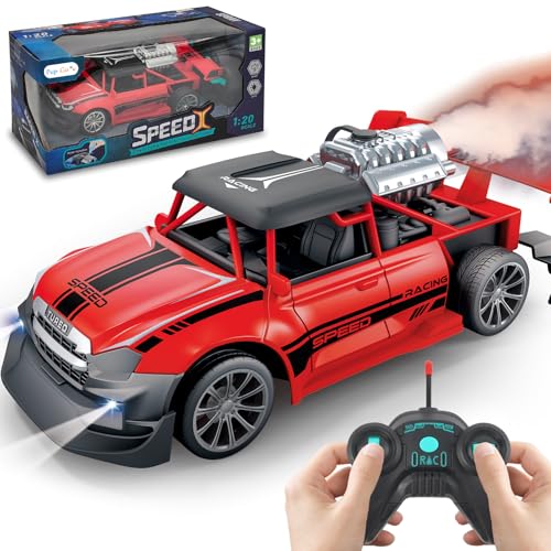 Pup Go Ferngesteuertes Auto Spielzeug mit Realistisch Schwanzspray und Licht für Kinder 3-12 Jahre, 1:20 RC Stunt Auto Robust Schnell Drift Aufladbar, Weihnachten Geschenke für Jungen Mädchen, Rot von Pup Go