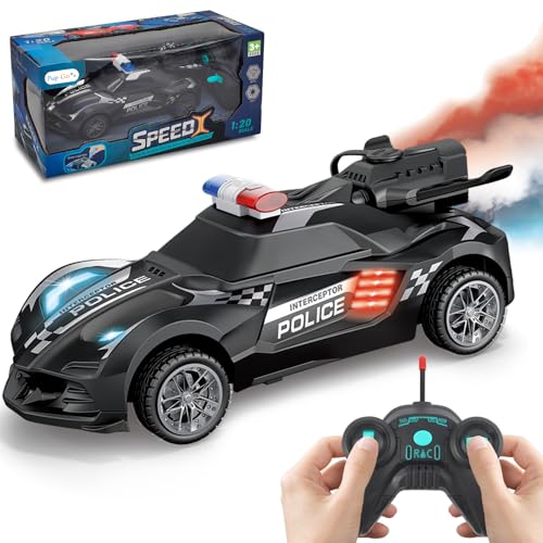 Pup Go Polizeiauto Ferngesteuertes Spielzeug mit Realistisch Schwanzspray und Licht für Kinder 3-12 Jahre, 1:20 RC Stunt Auto Robust Schnell Drift Aufladbar, Weihnachten Geschenke Jungen, Schwarz von Pup Go