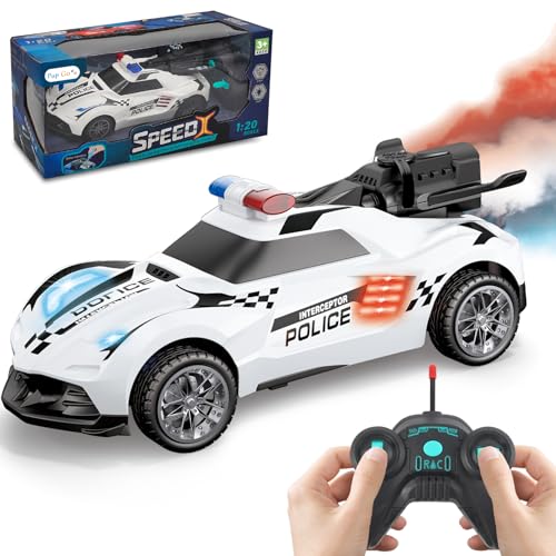 Pup Go Polizeiauto Ferngesteuertes Spielzeug mit Realistisch Schwanzspray und Licht für Kinder 3-12 Jahre, 1:20 RC Stunt Auto Robust Schnell Drift Aufladbar, Weihnachten Geschenke Jungen Mädchen von Pup Go