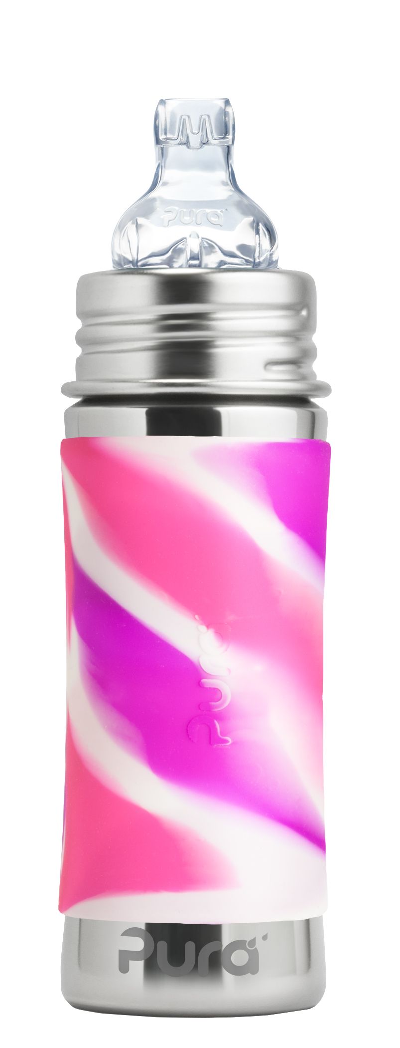 Pura Kiki Edelstahl-Flasche - Baby/Kleinkind 300ml - Pink Swirl Trinklernaufsatz von Pura
