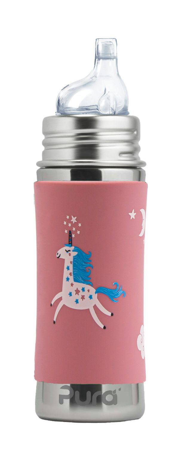 Pura Kiki Edelstahl-Flasche - Baby/Kleinkind 300ml - Trinklernaufsatz Einhorn von Pura