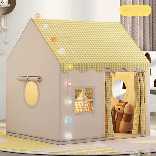 Kinder Spielhaus Indoor mit Lichtern & Matte, Prinzessin-Spielhaus als Kuschelecke für Kinderzimmer, Bettzelt mit Deko-LEDs, ideal für Schlafzimmer-Deko & Spielzeit (Gelb) von Purova